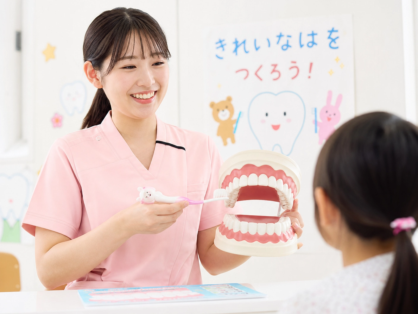 プロンプト：歯科衛生士が可愛い子供用の歯ブラシを持って、大きな歯の模型を使いながら楽しそうに歯磨きの仕方を教えている指導風景の写真。