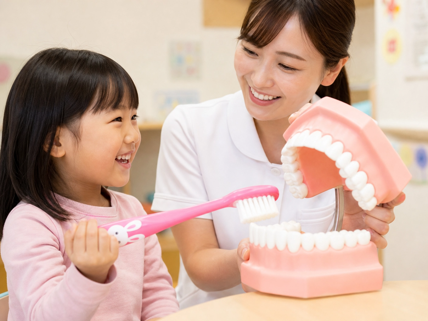 プロンプト：子どもが楽しそうに歯磨きレッスンを受けている風景。