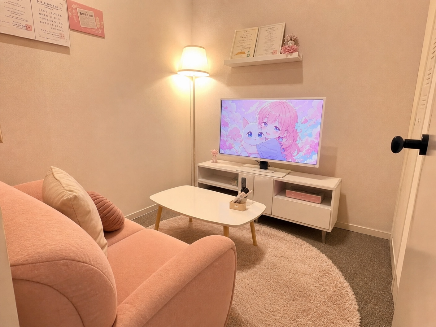 プロンプト：プライバシーに配慮された完全個室のカウンセリングルーム。柔らかい照明と、アニメが映る可愛いモニター、座り心地の良いソファがある部屋の写真。