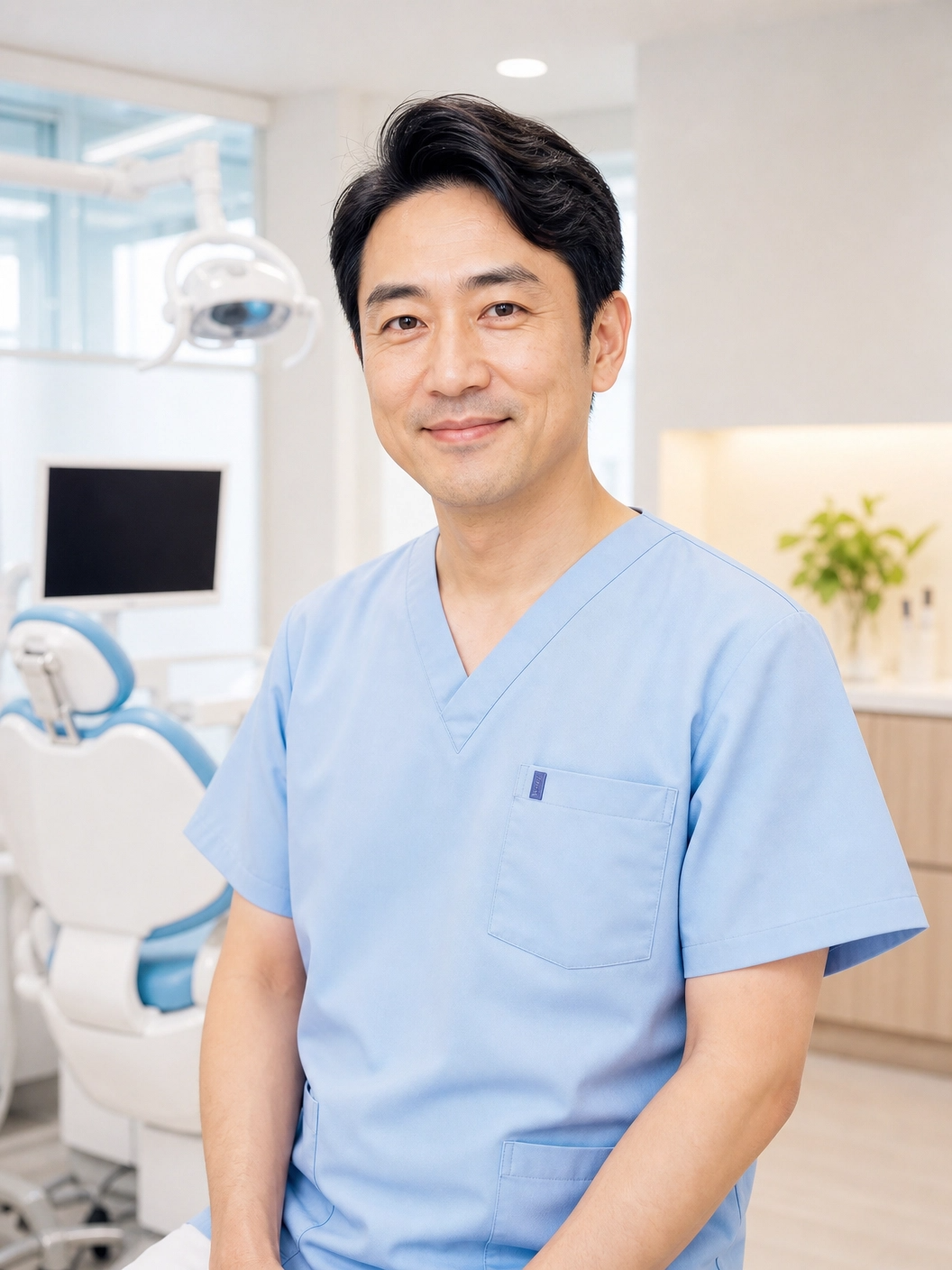 プロンプト：白衣ではなく、優しいパステルブルーのスクラブ（医療服）を着用し、穏やかな笑顔を浮かべている30代後半〜40代の男性歯科医師のポートレート写真。背景は明るいクリニックのインテリア。