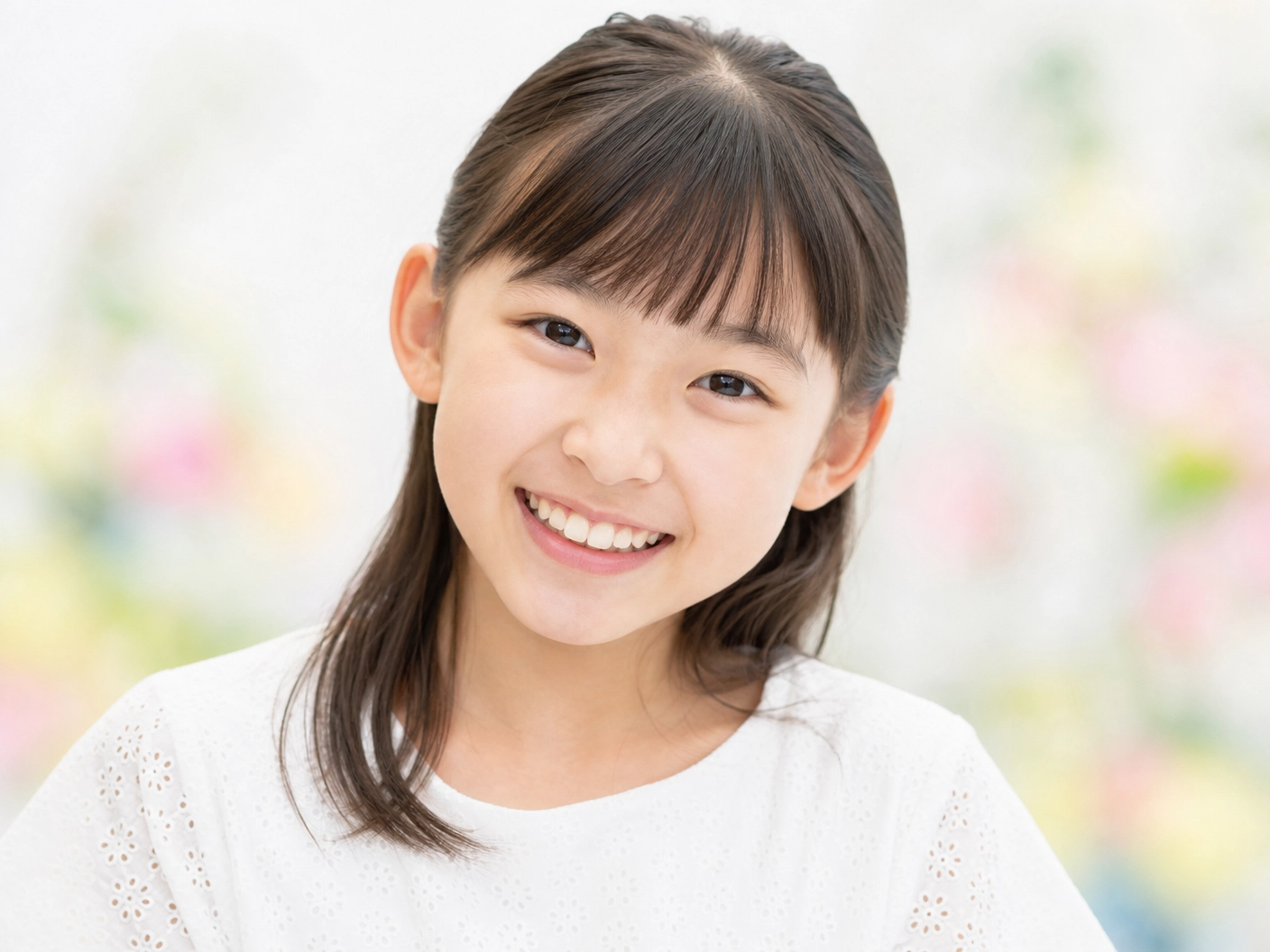 プロンプト：歯並びの綺麗な小学生の女の子が元気に笑っているポートレート写真。背景はクリーンな白ベースにパステルカラーのボケ。