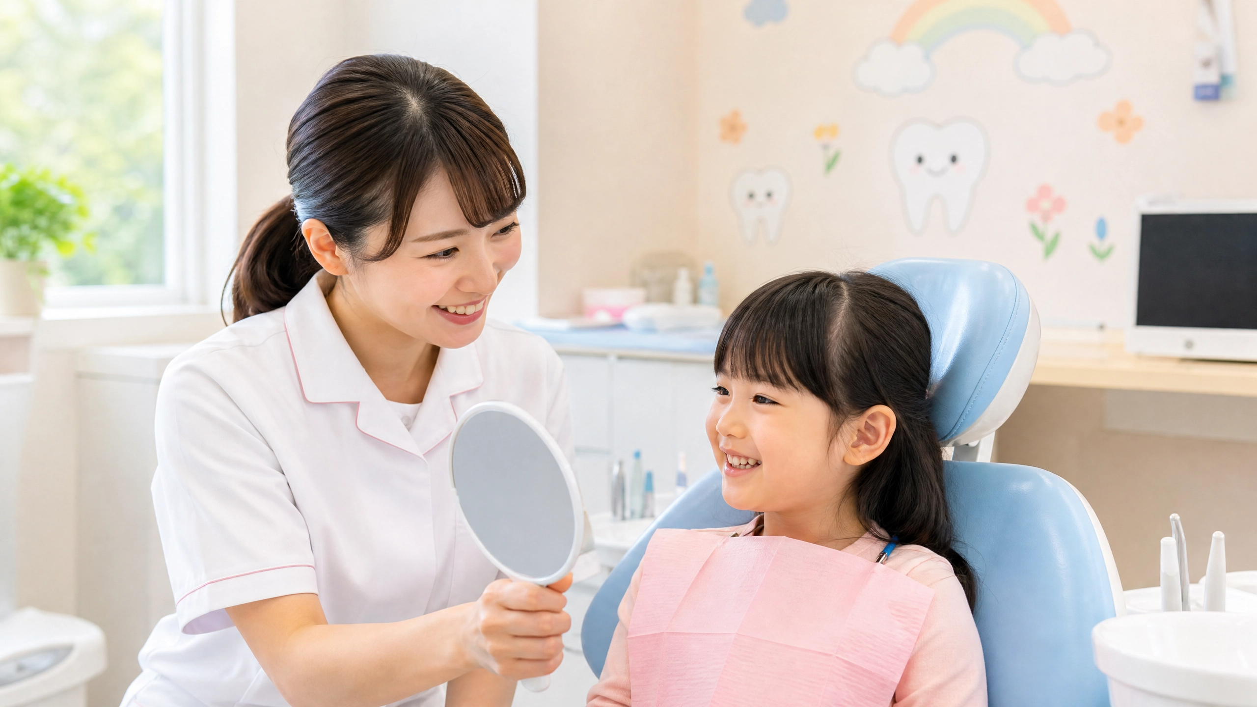 プロンプト：明るく清潔な小児歯科の診察室で、優しい笑顔の女性歯科医師（または歯科衛生士）が、怖がらせないように手鏡を持ってお子様と笑顔でコミュニケーションをとっている写真。温かみのある光、パステルカラーの院内。