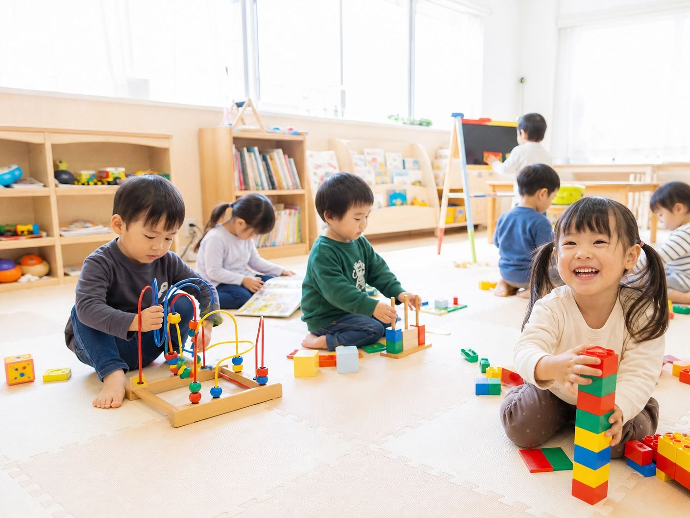 プロンプト：明るい保育園のような広々としたキッズスペースで、おもちゃや絵本に囲まれて楽しそうに遊んでいる子供たちの写真。床は柔らかいマット。