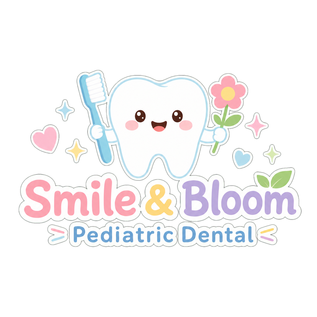 プロンプト：パステルカラーの可愛い歯のキャラクターと、Smile & Bloom Pediatric Dental という文字が組み合わされた、清潔感と親しみやすさのある病院ロゴマーク。背景透過。