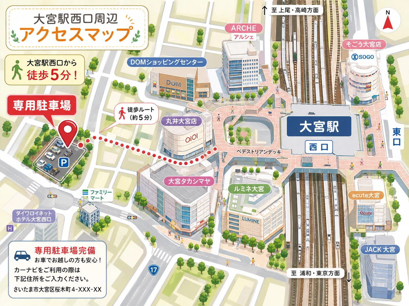 プロンプト：大宮駅西口周辺の分かりやすいアクセスマップのイラスト。駅から徒歩5分の専用駐車場がある位置にピンが立っている。