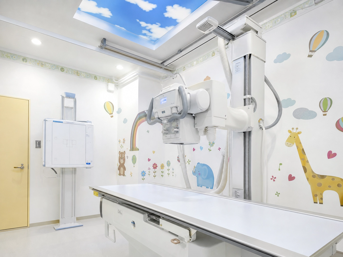 プロンプト：最新のデジタルレントゲン機器が設置されたクリーンなレントゲン室。子ども向けの可愛いイラストやシールが壁に貼られていて怖がらせない工夫がある写真。